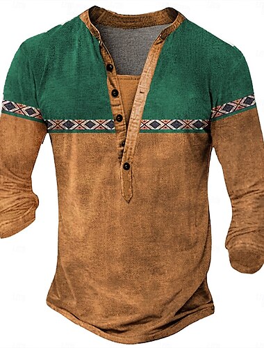  Herren Stammes T Shirt Henley Hemd Langarm 3D-Druck Designer Retro Vintage Straße Lässig Täglich Sommer Frühling Herbst Dunkelbraun Schwarz Blau Braun Grün Henley Henley T-Shirt
