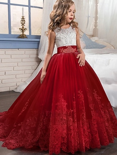  kinderkleidung Mädchen Blumenmädchen Kleid Kleid Ärmellos Hochzeit Party Schleife Elegant Vintage Spitze Tüll Maxi 4-13 Jahre Weiß Rosa Rote