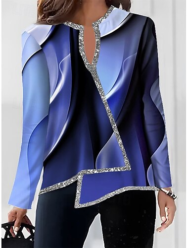  Blouse Femme Imprimé Mode Ourlet Asymétrique Manches Longues Tops Réguliers Col V Décontracté Rose Bleu Violet Orange Vert Automne  Hiver