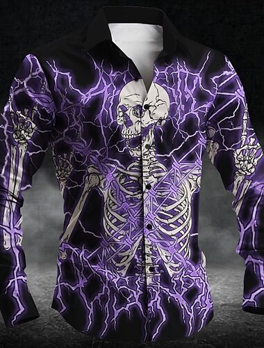  Halloween Teschi Orrore Per uomo Camicia con bottoni Manica lunga Da sera Giornaliero Autunno Inverno Primavera estate Colletto Stampa 3D Sottile Rosso Blu Viola Verde Poliestere