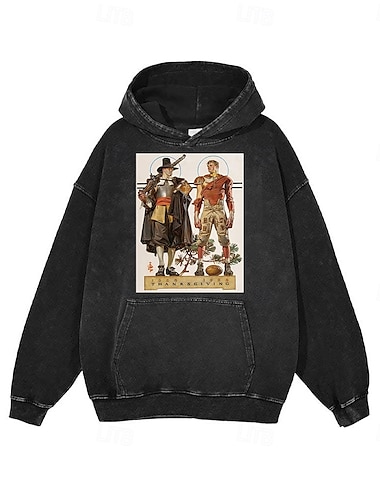  Vintage-Illustration Kapuzenshirt Bedruckt Vordertasche Grafik Für Paar Herren Damen Erwachsene Maskerade Heißprägen Casual