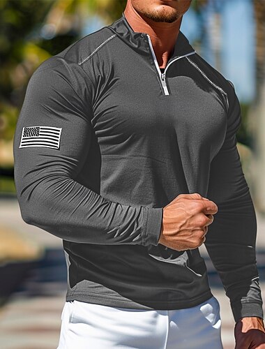  Men's Quarter Zip Polo American Flag Polo Shirt Street Vacation Quarter Zip Long Sleeve Fashion Basic National Flag Pocket Spring &  Fall Regular Fit Red Blue Light Grey Dark Grey Quarter Zip Polo