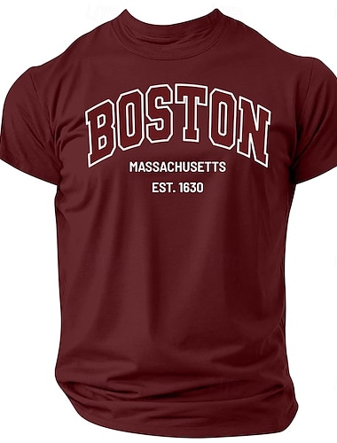  Herr Bokstavstryck Boston T-shirt T-tröja 100 % bomull Kortärmad Grafisk Skjorta Svart Vin Mörkblå Bekväm t-shirt Gata Utomhussport Modedesignerkläder