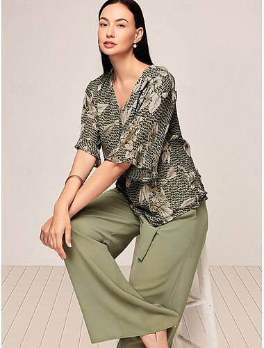  Femme Elégant Chemisier Pantalon large Demi Manches Col V Floral Noeud Habits de travail Usage quotidien Vert Eté Ample