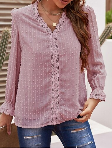  Kvinders hvide elegante blonde-toppe eyelet bluse stilfuld moderne blonde lang ærme V-hals daglig romantisk petite toppe sommer ferie tøj sort hvid pink forår efterår
