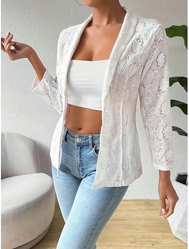  Mujer Chaqueta Uso Diario Encaje Color sólido Resistente al Viento Vintage Ajuste regular Ropa de calle Manga Larga Primavera Blanco S