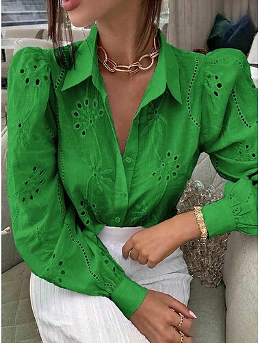  Damen Weiß Elegante Spitze Tops Augenschlitze Bluse Legere Unifarbe Spitzenlaternenärmel Langarm Reguläre Tops Hemdkragen Alltag Romantische Petite Tops Sommer Urlaubsbekleidung Weiß Rosa Grün