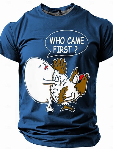  Mand's Humor T-shirt "Hvem kom først?" Dobbelt betydning Kylling Æg Ordspil Grafisk Kortærmet Tee