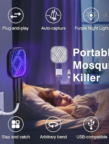  Raquette anti-moustiques USB – Raquette à mouches rechargeable pour usage intérieur et extérieur efficace contre les insectes