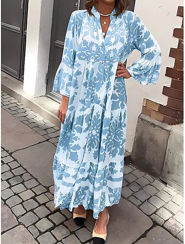 Etuikleid für Damen mit Grafikdruck, Hemdkragen, Maxikleid, elegant, stylisch, für den Alltag, Urlaub, langärmlig, Sommer, Frühling