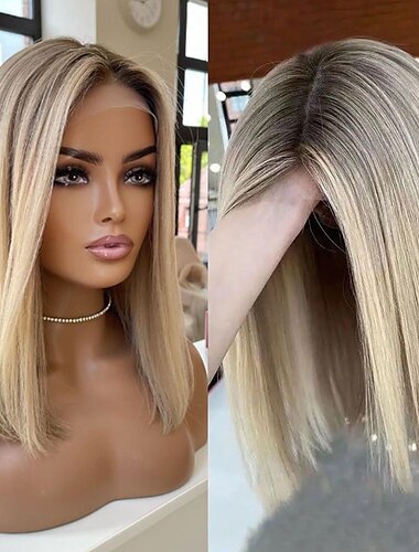  Peluca Cabello humano remy Cierre 4x13 Cabello Brasileño Liso Sedoso Rubio Bob corto Parte media Mujer Densidad 130% 150% Gradiente de Color Sin cola Corta A1 Pelucas de Cabello Natural