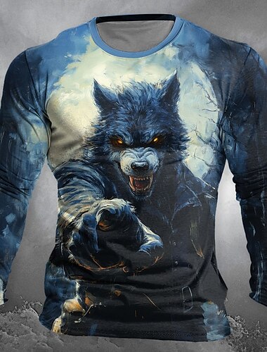  Lobisomem Designer Retro Vintage Homens Impressão 3D Camiseta Rua Casual Diário Halloween Camiseta Azul Manga Longa Gola Redonda Camisa Verão Primavera Outono Roupa S M L XL XXL XXXL