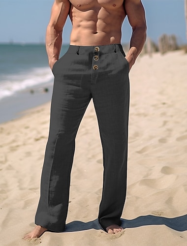 Herren Leinenhose Hose Hosen Sommerhosen Strandhose Vordertasche Gerade geschnitten Glatt Komfort Atmungsaktiv Casual Täglich Festtage Modisch Basic Schwarz Weiß