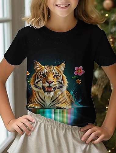  Mädchen 3D Graphic Tier Tiger T-Shirt Kurzarm Sommer Frühling Modisch Basic kinderkleidung 4-12 Jahre Rundhalsausschnitt Outdoor Casual Täglich Regular Fit