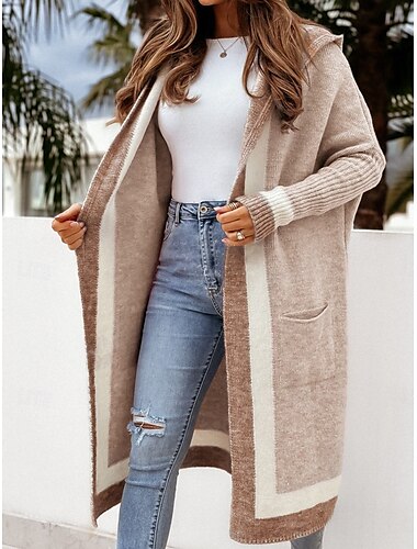  Damen Pullover Jacke Lässiger Pullover Brautkleider schlicht Weich Farbblock Rundhalsausschnitt Tasche Mit Kapuze Langarm Lange Oberteile Stricken Outdoor Täglich Wochenende Rosa Fuchsie Herbst Winter