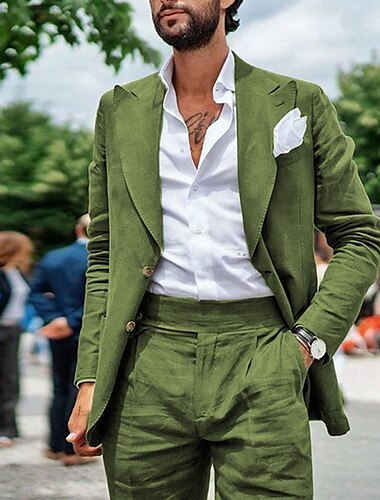  Trajes de boda de verano de lino para hombres negro azul cielo color sólido ajustado de 2 piezas de cintura sencilla de dos botones