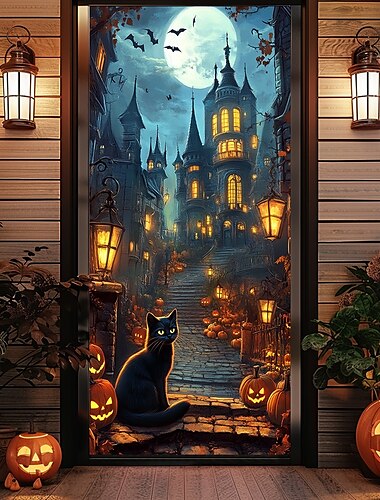  Halloween-Türdekorationen, Halloween-Türabdeckungen, Jack-o-Laterne-Türteppich, Kürbiskrähe, Türvorhang, Dekoration, Hintergrund, Türbanner für die Haustür, Bauernhaus, Urlaubsparty-Dekoration