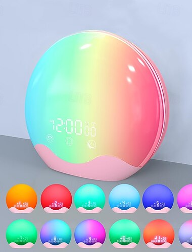  שעון מעורר חכם LED עם אור זריחה להקיץ אנשים שישנים קשות עם 12 צבעים שונים של תאורת לילה 5 סטים של צלילי טבע ורדיו FM מאמן שינה חכם