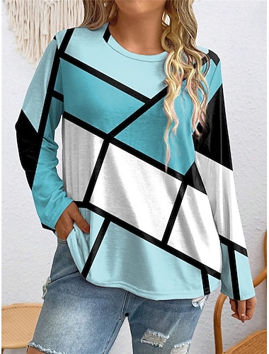  dames plus size tops t-shirt tee geometrie print lange mouw ronde hals casual dagelijks herfst winter roze blauw