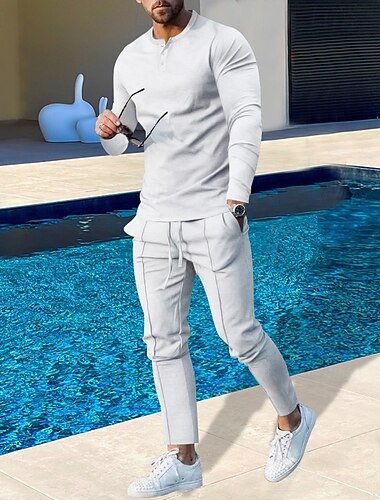  Voor heren Effen Basis Sweatshirts Sweatshirt Trainingspak sweatsuit Lange mouw Trui Henley Streetwear Basic Casual Sport & Outdoor Dagelijks Feestdagen 2-stuks Lente & Herfst