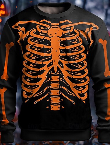  Totenkopf Motiv Kürbis Herren Modisch 3D-Druck Sweatshirt Pullover Halloween Hoodies Weiß Orange Langarm Rundhalsausschnitt Herbst Winter Designer Kapuzenpullover