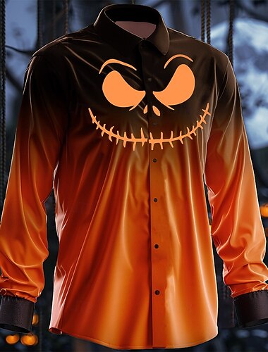  Halloween Smorfia Scuro Per uomo Camicia con bottoni Manica lunga Da sera Autunno Inverno Primavera estate Colletto Stampa 3D Sottile Arancione Raso