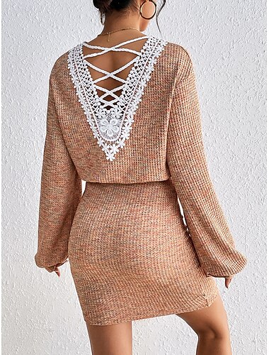  Robe unie Femme Mini robe Dentelle Dos Nu Plein Air Rendez-vous Décontractées Col V manche longue Ample Marron clair S M L XL