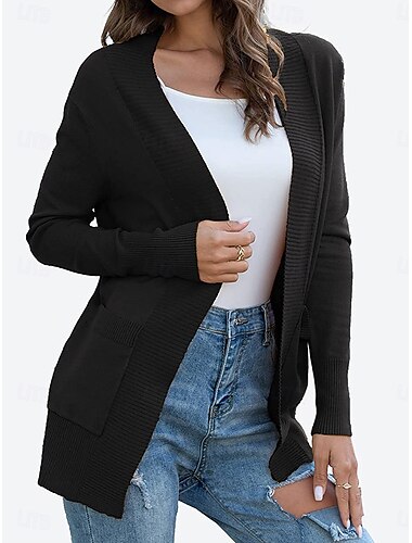  Damen Strickjacke Brautkleider schlicht Weich Feste Farbe Rundhalsausschnitt Tasche Langarm Normale Oberteile Stricken Täglich Schwarz Grün Frühling Herbst
