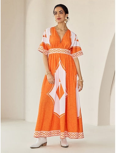  Robe longue de vacances bohème à imprimé géométrique et col en V