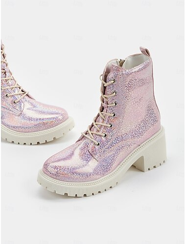  Botas de combate con purpurina rosa para mujer: botines con cordones y suela gruesa para uso informal y festivo