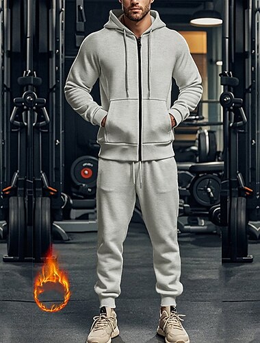  Voor heren Trui met capuchon Trainingspak Hoodie met volledige rits sweatsuit Zwart Marineblauw Khaki Grijs Capuchon Effen Zak Trekkoord 2-stuks Sport & Outdoor Dagelijks Feestdagen Streetwear Basic