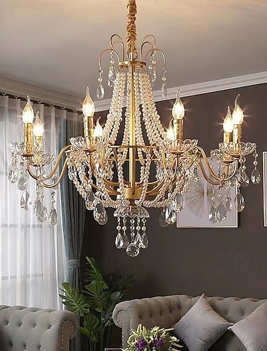  Lustre de led branco quente 6/8-luz 66cm/78cm lustre de cristal francês pérola medieval villa vintage luz suspensa para sala de estar quarto 110-240v