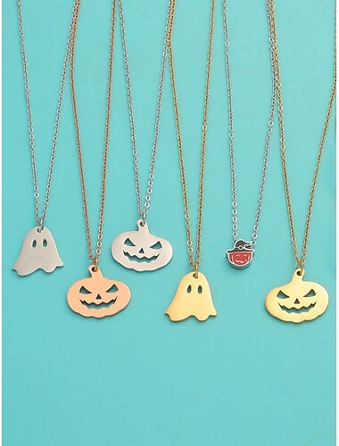  ハロウィンをテーマにした女性用ステンレススチールペンダントネックレス。カボチャとゴーストのチャームが特徴で、コスチュームパーティーやお祝いの行事に最適です。