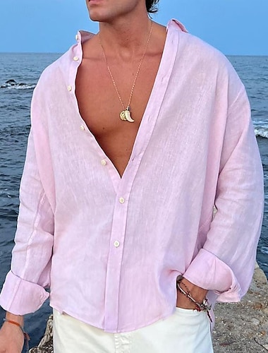  Voor heren Overhemd linnen overhemd Zomer overhemd Strand Kleding Overhemd met knopen Effen Casual Dagelijks Zwart Wit Blozend Roze blauw Lange mouw Revers Lente zomer Kleding