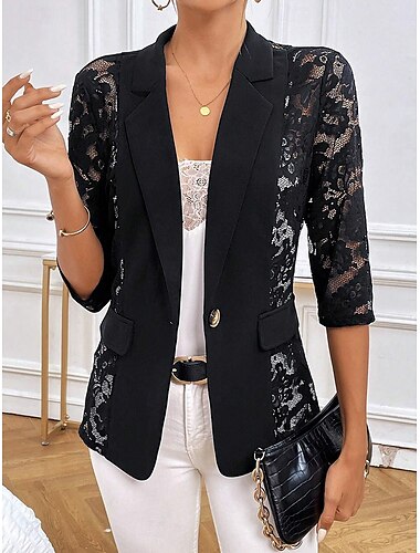  Mujer chaqueta Oficina Encaje Color sólido Cómodo Moda Ajuste regular Ropa de calle Media Manga Verano Negro S