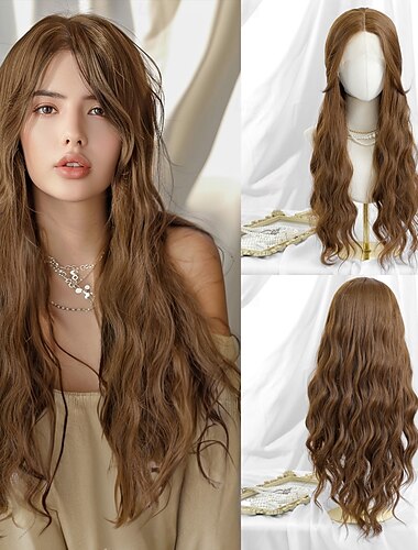  Parrucca in pizzo sintetico Ondulato naturale Stile 28 pollice Ombre biondo oro marrone scuro Parte di mezzo T parte Parrucca Per donna Parrucca Biondo chiaro