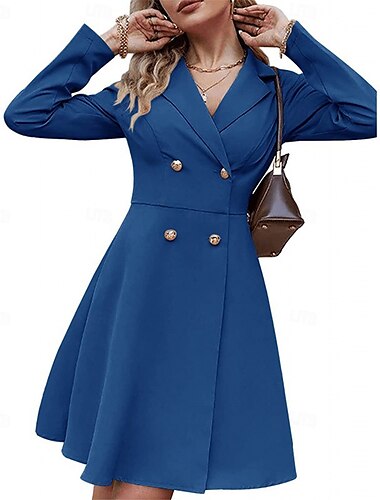  Kleines Schwarzes Kleid für Damen, Blazerkleid, elegantes Arbeitskleid, Minikleid, Knopfleiste, Revers, lange Ärmel, einfarbig, normale Passform, Schwarz, Blau, Khaki, Frühling, Herbst, S, M, L, XL