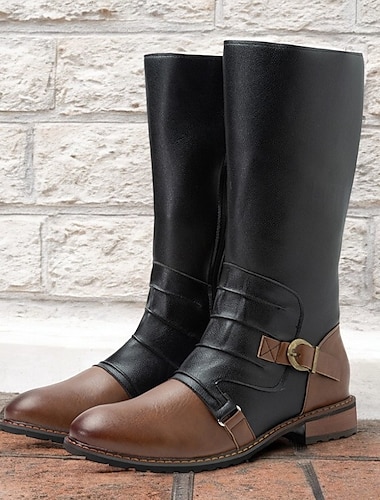  Botas de montar vintage de cuero negro y marrón para hombre: botas retro hasta la rodilla con detalle de hebilla para uso informal y al aire libre