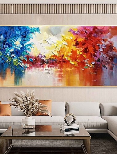  Pinturas abstractas de bosque azul pintadas a mano sobre lienzo, pintura acrílica texturizada colorida hecha a mano, arte de pared, obra de arte pintada a mano, pintura al óleo verde para sala de