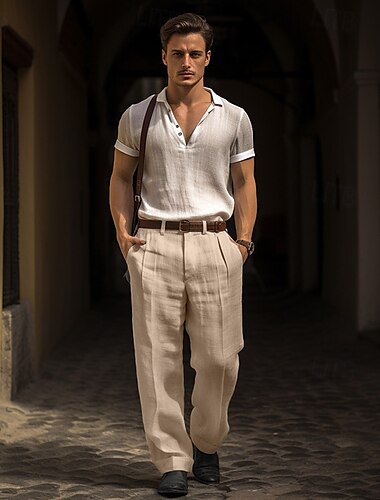  Herren Anzughosen Leinenhose Hose Hosen Sommerhosen Vordertasche Falten Gerade geschnitten Glatt Komfort Atmungsaktiv Casual Täglich Festtage Modisch Basic Schwarz Weiß