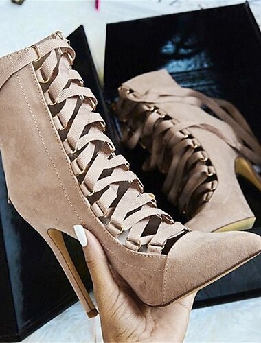  graue Wildlederstiefeletten mit Stilettoabsatz und Schnürung für Damen – elegante High Heels mit spitzer Spitze für Partys und formelle Anlässe