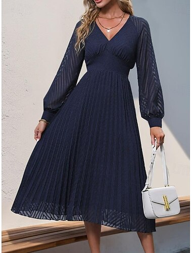  Per donna Abito semplice Vestito longuette Retato Collage Elegante Vintage A V Manica lunga Nero Blu Colore