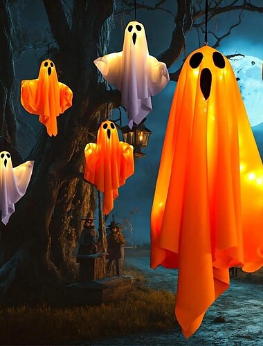  ハロウィーンの飾り ライト付きゴースト吊り下げライトポーチ 1個 ガラス窓用調節可能なアーム 屋内・屋外用ツリー装飾 - 3つの照明モード（白とオレンジ）を備えたお祭りの雰囲気の装飾ライト
