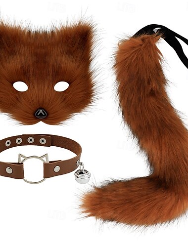  fuskepels rev maske ulv katt fluffy hale og lær halskjede sett karneval fest cosplay kostyme tilbehør