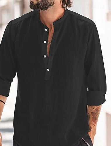 Herren Hemd Popover-Hemd Sommerhemd Freizeithemd Strandhemd Schwarz Weiß Hellgrün Leicht Blau Langarm Einfach Stehkragen Urlaub Hawaiianisch Button-Down Bekleidung Baumwolle Baumwollmischung Mode