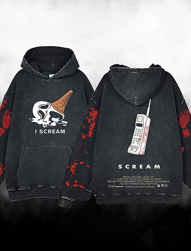  Halloween Schrei Geistergesicht Schädel/Skelett Kapuzenshirt Übergroßes Acid Washed T-Shirt Bedruckt Vordertasche Grafik Für Paar Herren Damen Erwachsene Maskerade Heißprägen Casual