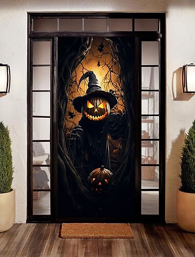  Halloween Türdekorationen Halloween Türabdeckungen Türteppich Kürbisse Wald Türvorhang Dekoration Hintergrund Türbanner für Haustür Bauernhaus Urlaub Party Dekor Zubehör