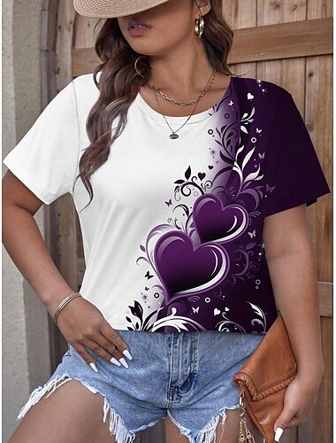 Damen Plus Size T-Shirt Oberteile Tee Herz Kurzarm Rundhalsausschnitt Lässig Täglich Frühling Herbst Lila