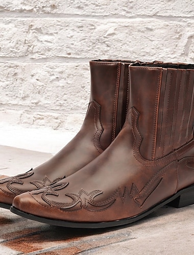 Botas vaqueras de piel sintética marrón para hombre, estilo vintage con bordados intrincados para uso informal y de vaquero