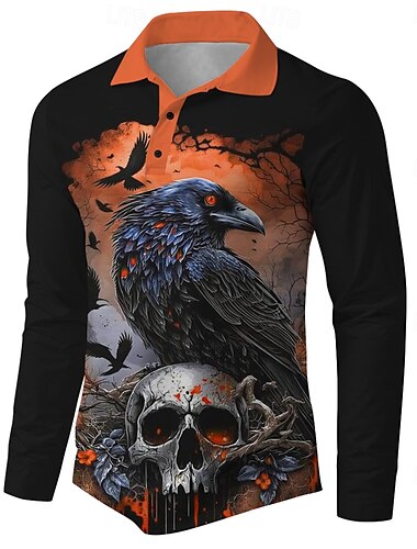  Halloween Totenkopf Motiv Grusel Herren Poloshirt Golfpolo Langarm Partyabend Herbst Taste 3D-Druck Kragen Schwarz Mikro-elastisch Polyester Milchfieber